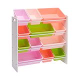 Amazon Basics speelgoedorganizer met 12 plastic bakken - wit hout met roze bakken, 27,7 x 85,3 x 79 cm (D x B x H)