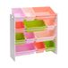 Amazon Basics speelgoedorganizer met 12 plastic bakken - wit hout met roze bakken, 27,7 x 85,3 x 79 cm (D x B x H)