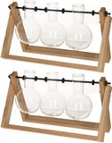 Esschert Design Stekvaasjes in houder - 2x stuks - hout - met 3 glazen vaasjes - 26 x 7 x 15 cm - stekstation