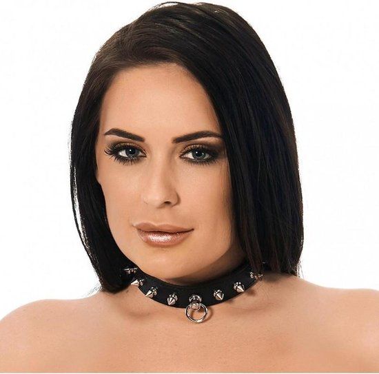 Rimba - Zwarte leren halsband met studs en O-ring - M/L
