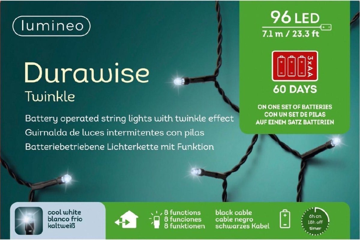 Lumineo 2x stuks kerstverlichting twinkle op batterij helder wit buiten 96 lampjes - boomverlichting