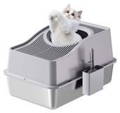 GarveeMore Kattenbak van roestvrij staal, XXL, gesloten kattenbak, opening boven, geurcontrole, lekvrij, met afneembaar, kattentoilet, 60 x 40 x 39,5 cm, grijs