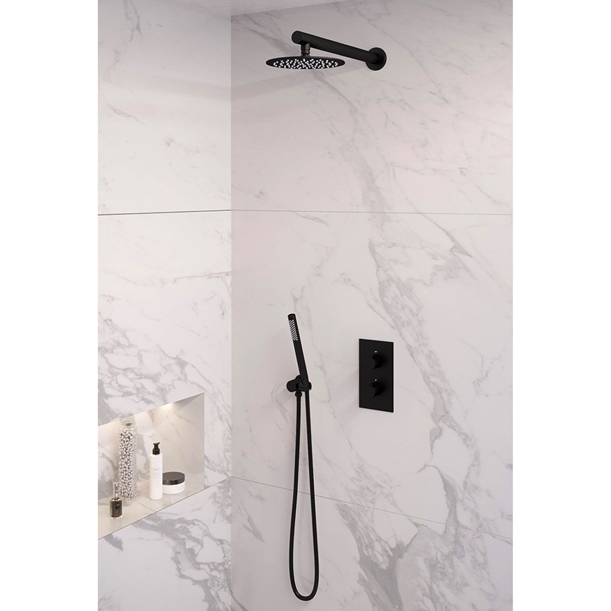 Brauer Regendoucheset 25 Inbouw Muur Black Edition 20cm Rond Mat Zwart 2 Greeps 3-weg met Thermostaatkraan en Staafhanddouche