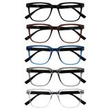 OPULIZE LEO Leesbril - 5-Pack - Groot Rechthoekig Montuur - Zwart, Bruin, Blauw, Grijs, Transparant - Heren Dames - Veerscharnieren - RRRRR55-1237C - +1.00