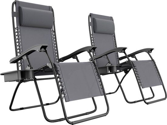 LifeGoods Opvouwbare Tuinstoelen - 2 Stuks - Ligstoel Tuin - 30°-90° Verstelbaar - Metaal - Donkergrijs