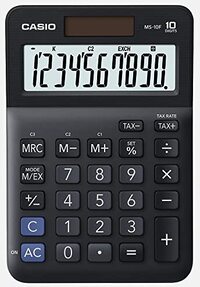 Casio Tafelrekenmachine MS-10F, 10-cijfers, belastingberekening, omrekening, tekenswisseling, werkt op zonne-energie/batterijen