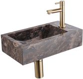 Saniclass Fuente fonteinset – rechthoekig – 40x22x10 cm – natuursteen antraciet – geborsteld gouden kraan