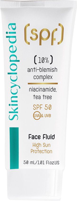 Skincyclopedia Zonbeschermende Gezichtsvloeistof SPF 50 – 10% Anti-Onzuiverheden Complex met Niacinamide, Tea Tree & Vitamine B3 – Matterend & Verkleint Poriën – 50 ml