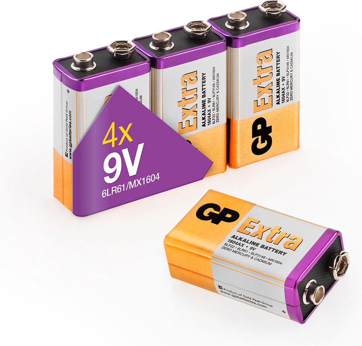 GP Batteries Extra Alkaline 9V Block Batteries - 4 Pack