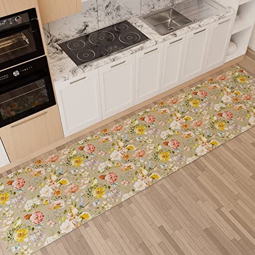 PETTI Artigiani Italiani - Keukentapijt - 52 x 280 cm - Bloemendesign 06 taupe - Antislip en wasbaar - Made in Italy