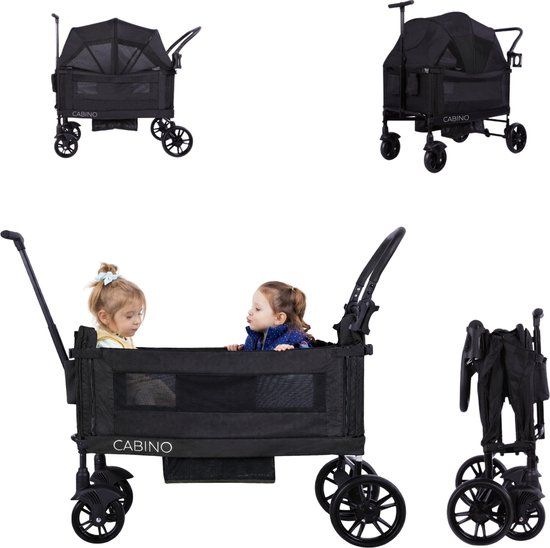 Cabino Waggie Bolderkar Opvouwbaar Zwart - 2 Zitjes - Duwstang & Trekbeugel