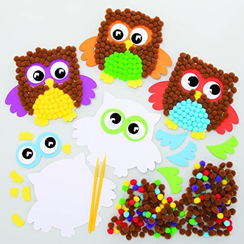 Baker Ross FE643 Uil Pom Pom Kits - set van 5, Pom Pom knutselen voor kinderen om te maken, te versieren en te tonen, creatieve activiteiten voor kinderen