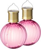 Merkloos 2x Buiten/tuin Led roze lampion solar verlichting 11 cm