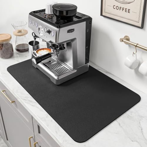 PoYang Koffiemat Groot, Koffiebar Accessoires voor Aanrecht, Absorberende Afwasmat, Antislip en Verberg Vlekpad voor Espressomachine, Espressomachine en Aanrecht, Zwart