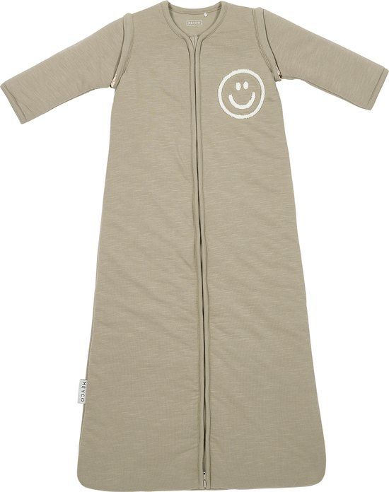 Meyco Baby Slub Met Smile Applicatie Baby Slaapzak Met Afritsbare Mouwen - Taupe/Offwhite - 90cm - 2.5 TOG