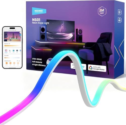 NEEWER Ledstrip, 3 m, voorverlichting, neon RGB-verlichting, op maat te snijden, Smart AI, app-besturing met kleurverandering, voor slaapkamer, speelkamer, werkkamer, huis, klaslokaal, buitenmuur