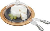 Merkloos serveerplank met kaasstolp 19 cm - kaasbestek - bamboe kaasplank - natuur - glas