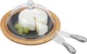 Merkloos serveerplank met kaasstolp 19 cm - kaasbestek - bamboe kaasplank - natuur - glas