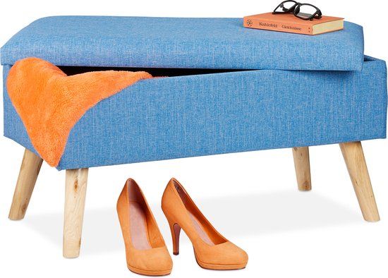 Relaxdays Hocker met Opbergruimte - Blauw - 40L - Houten Poten