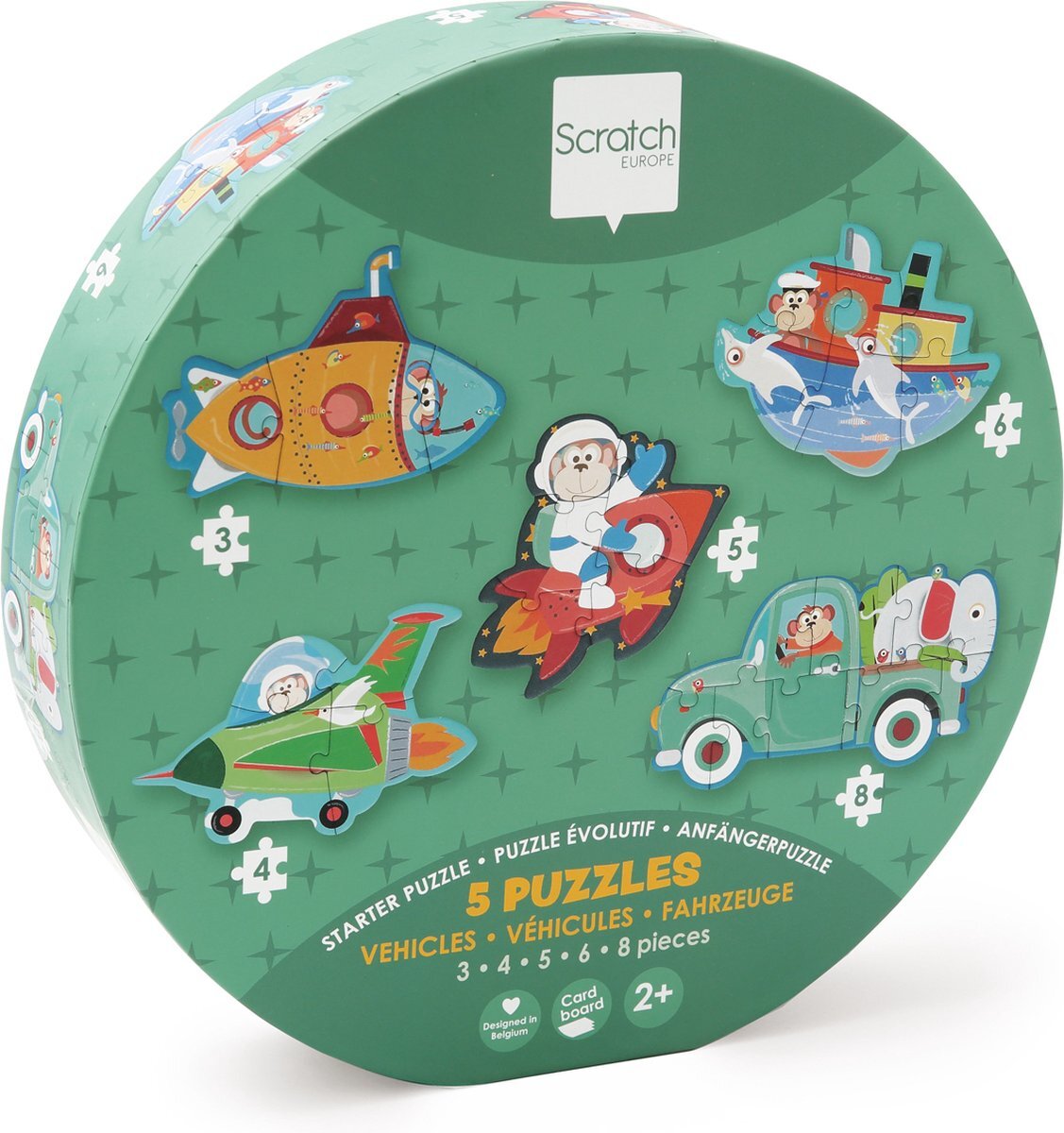 Scratch Europe Scratch Puzzel: BEGINNERSPUZZELS - VOERTUIGEN ca. 10-19cm, met 5 puzzels 3-4-5-6-8 stuks, in karton, in doos diam.19xH4cm, 2+