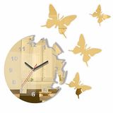FLEXISTYLE Grote moderne wandklok vlinder gouden spiegel rond 30 cm, 3D DIY, woonkamer, slaapkamer, kinderkamer