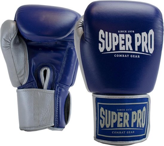 Super Pro Combat Gear Enforcer Lederen (Thai)Bokshandschoenen - Blauw/Zilver/Wit - 10 oz