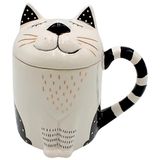 Dekohelden24 Koffiemok, theekopje als kat met deksel van keramiek, zwart-wit en goud, afmeting: H/Ø ca. 14 x 9 cm, inhoud ca. 400 ml