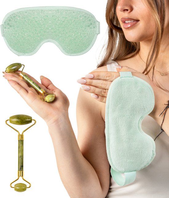 Chillaxy - Koelmasker & Jade roller - Migraine masker - Oogmasker - Massage - Skincare - Wallen en donkere kringen - Groen