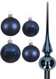 Kaemingk B.V. Ensemble de boules de Noël en verre bleu foncé brillant/mat 38x pièces - 18x 4 cm et 20x 6 cm - Incluant étoile brillante