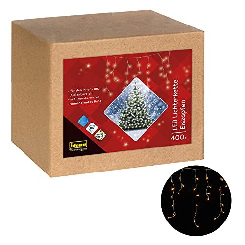 IDEAF Idena 31270 - LED lichtketting ijspegel met 400 LED in warm wit, met 8 uur timer functie en transformator, ca. 10,27 cm lang, decoratie van tuin, balkon, terras en voor Kerstmis.