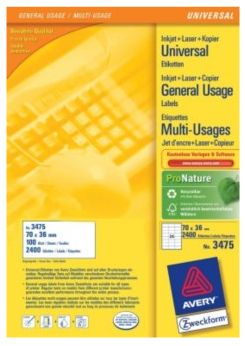 Avery 3475 - Etiketten - 70 x 36 mm - 2400 stuks - Wit