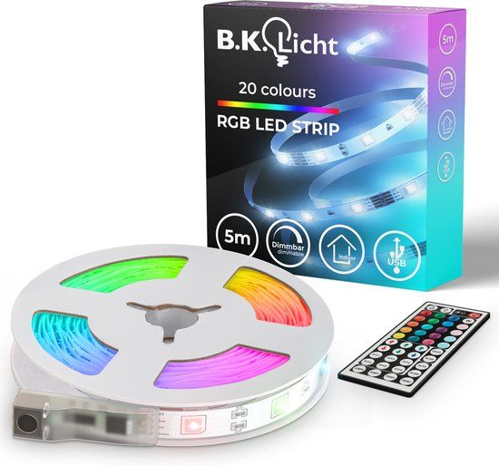 B.K.Licht LED Strip - 5m - USB - RGB - Dimbaar - Met Afstandsbediening