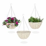 Relaxdays hangende plantenmand, set van 3, wilgenhout, handgemaakt, folie en ketting, bloempot HxØ: 12 x 25 cm, natuur