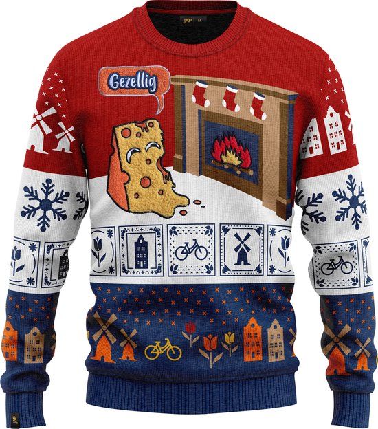 JAP Christmas Around the World Kersttrui voor kinderen (maat 146/152/158) - 100% Gerecycled - Kriebelt niet - Kerstcadeau - Foute Kersttrui jongens en meisjes (11/13 jaar) - Nederland - Rood/Wit/Blauw