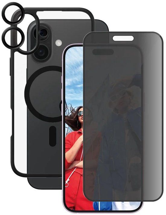 PanzerGlass, Screenprotector geschikt voor iPhone 16 Plus - 3-in-1 Privacy Flagship Pack, Transparant zwart