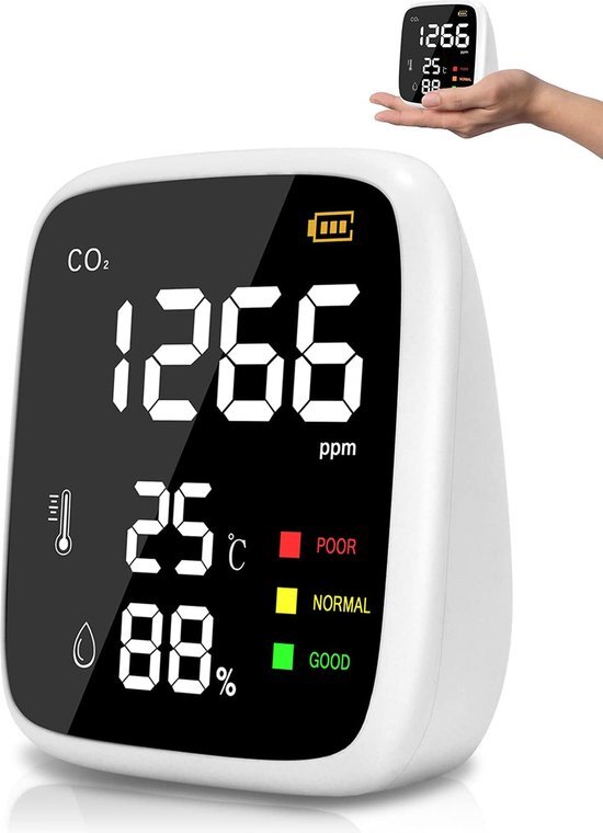 Ecoworks CO2 Meter met Luchtvochtigheidsmeter - Met Alarm - CO2 Melder - Monitor voor Binnen, Horeca, Werkplek etc.