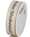 Halbach Seidenbänder Geschenklint "Herzlichen Glückwunsch" | breedte 25 mm lengte 18 m | cadeaulint verjaardag | lint voor verjaardagsdecoratie | kleur: linnen/zwart