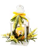 Decoratieve lantaarn, wit, 23 cm, met led-kaars, werkt op batterijen, lentelantaarn met mimosa's en bloemen, paasdecoratie, tafeldecoratie voor woonkamer, balkon, vensterbank, herfstdecoratie