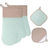 Cozary Set van 4 siliconen ovenwanten, keukenhandschoenen, 1 paar en 2 pannenlappen, duurzame keukenhandschoenen voor braden, bakken, grillen, bakken, lichtgroen