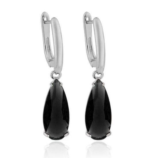 Deja Jewels Oorbellen met Hangers - Dames, Zilveren Afwerking, Zwarte Waterdrop Glassteen