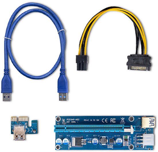 Qoltec PCI-E Riser - 1x naar 16x - USB 3.0 - ver. 009S - SATA / PCI-E 6 pin