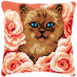 Vervaco PN-0171855 kruissteekkussen set voorgetekend, katoen, kitten tussen roze, 40x40cm