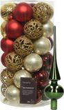 Kaemingk B.V. Boules de Noël en plastique 37x pc - rouge/or/perle/vert - 6 cm - avec étoile verte en verre
