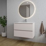 Saniclass Chaci Badkamermeubelset - 80x46x55cm - keramische wastafel wit - 1 ovale wasbak - 1 kraangat - 2 lades - ronde spiegel met verlichting - mat cotton (beige)