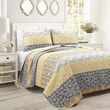 Lush Decor Bohemian Stripe Omkeerbare Oversized Katoen 3-delige Quilt Set, Geel & Grijs, Full/Queen