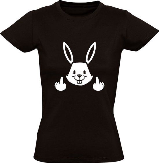 Konijn met middelvingers Dames T-shirt Zwart XL | Grappig Dier | Katoen