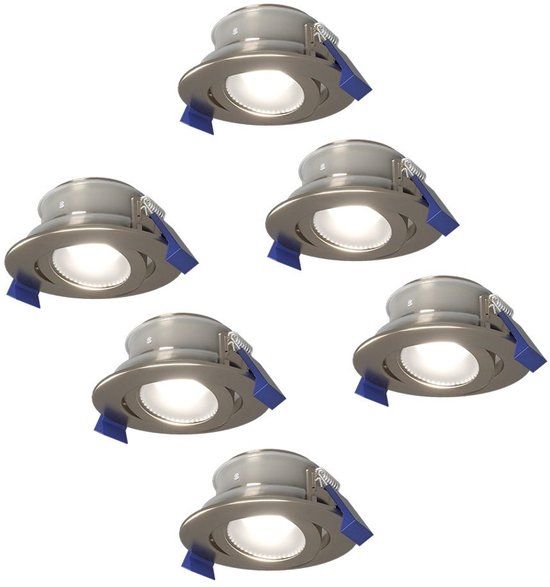HOFTRONIC Set van 6 Lima LED inbouwspots - 4 Watt 345 Lumen - 6500K daglicht wit - GU10 - Dimbaar - Rond - Kantelbaar - IP65 Waterdicht - RVS