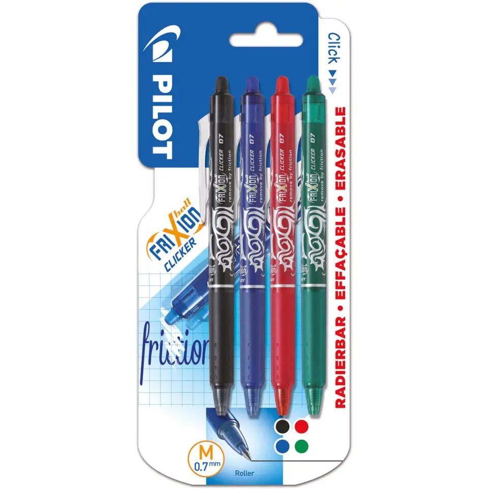 Pilot FriXion Ball Clicker Retractable Pen - Black, Blue, Green, Red - 4 Pack