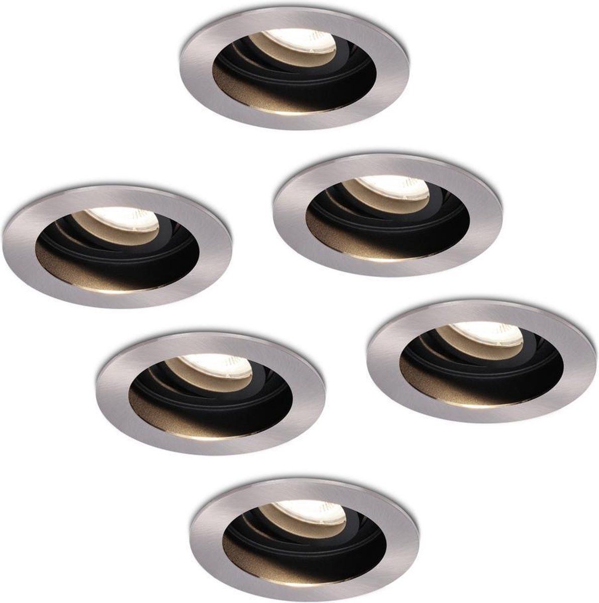 HOFTRONIC 6x Mesa - Kantelbare inbouwspot - LED - Rond zaagmaat 90mm - RVS - Dimbaar - 5 Watt - 350 lumen - 230V - 4000K Neutraal wit - Verwisselbare GU10 - Plafondspots - Inbouwspot voor binnen