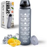 K-MART 1000 ml waterfles met tijdmarkering en capaciteit van 32 oz - motiverende BPA-vrije fles voor hardlopen, sportschool, yoga, buitenshuis en kamperen (stijl-2, grijs)